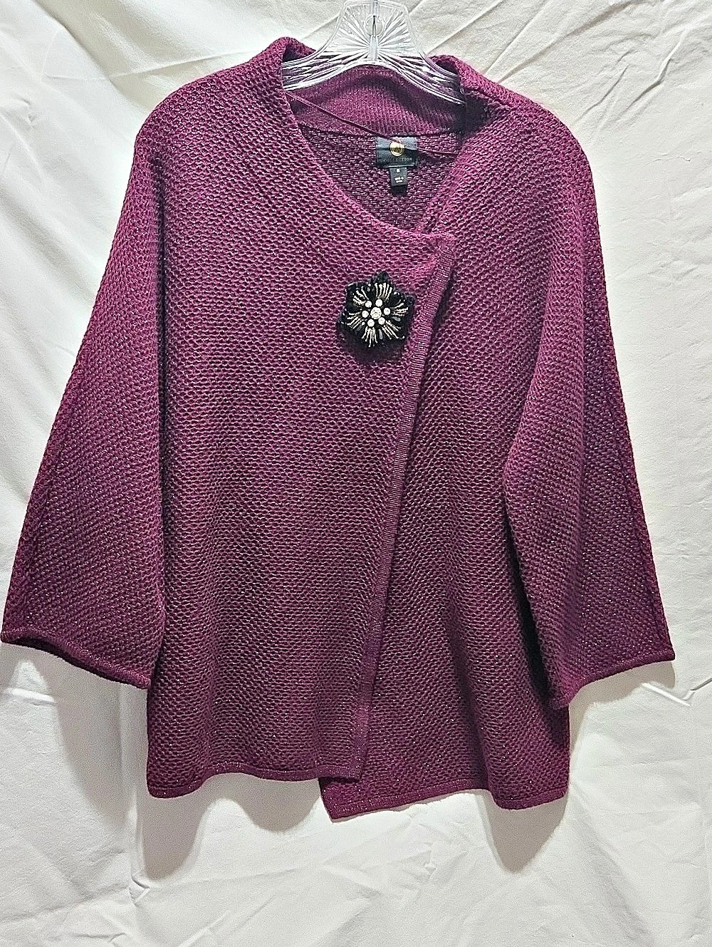 JM Collection Wool Jeweled Brooch Embellished Cardigan Purple Medium